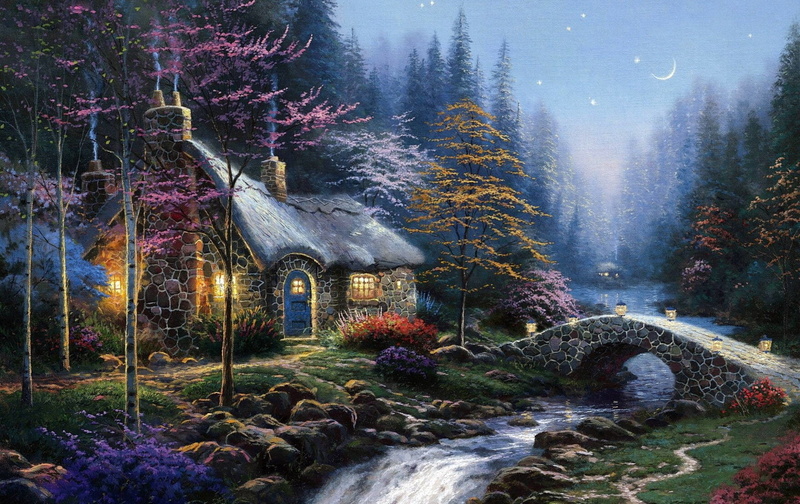 Painting, Colorful, Cottage, Dusk, Twilight, Tree, 1080P, Artistic, Bridge