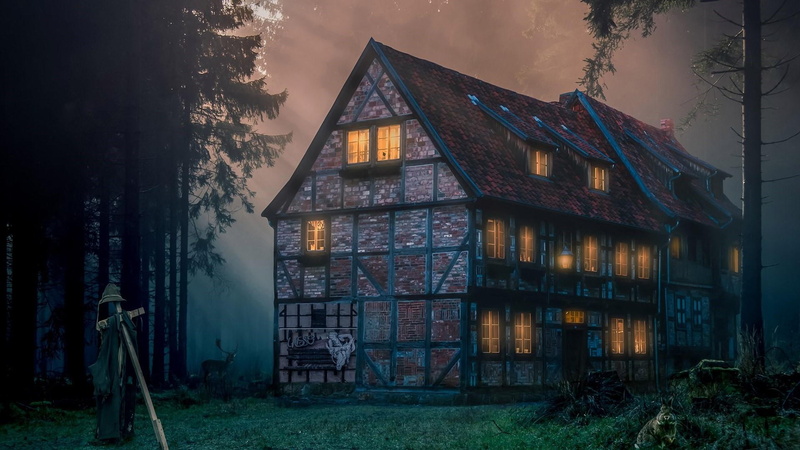 traditional, 1080P, old house, evening, darkness, old, village, forest, facade, twilight, building, tree, sky, home, nature, haunted house, cottage, house