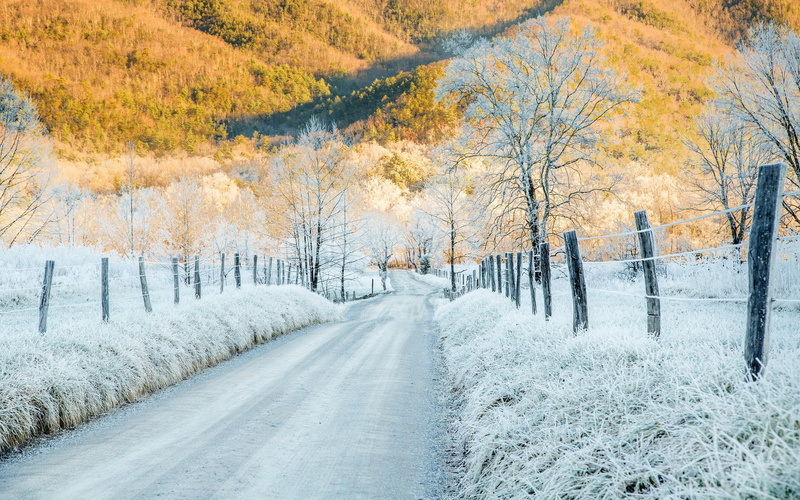 cold, road, Tennessee, hoar frost, sunlight, mountains, 1080P, the fence, Cades Cove, frost