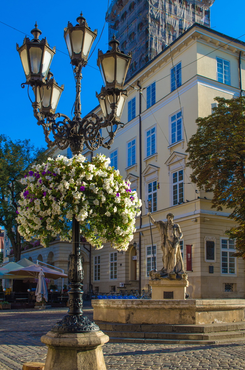 building, day, statue, neptune, plant, built structure, architecture, nature, the city of lviv, flower, outdoors, lviv, building exterior, no people, human representation