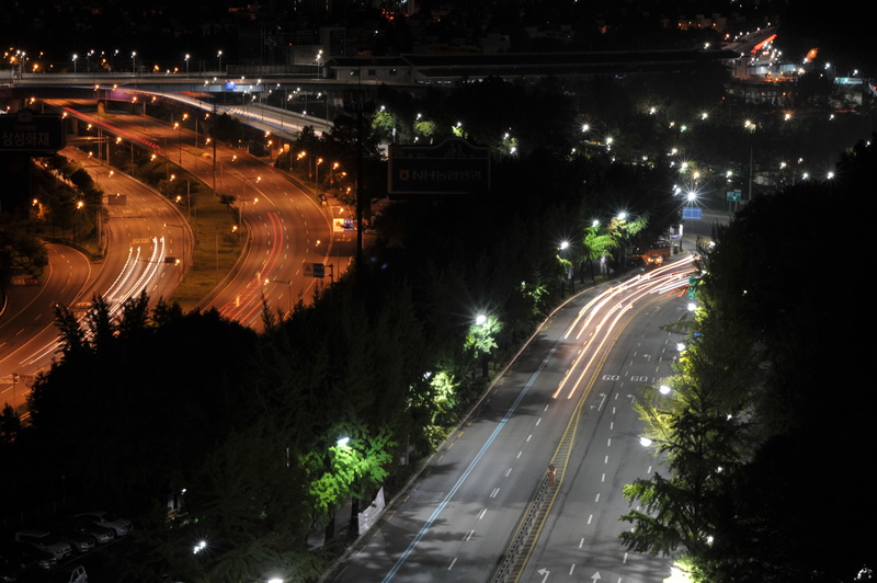 city, architecture, tree, building exterior, street lights, night, car, olympic boulevard, street, motion, city street, no people, land vehicle, high angle view