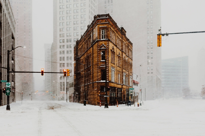 building, traffic lights, Hayden Scott, 1080P, 500px, USA, street, snow, Detroit, winter