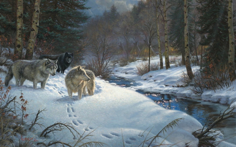 forest, painting, Valley of Shadows, wolf, sports, snow, Mark Keathley, px, water, mark, 1920x1200 px, valley, 1080P, x, Winter, art, hd, shadows, keathley