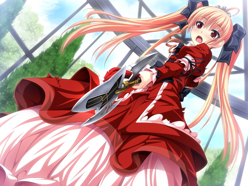 cloud - sky, duelist x engage, red, weapons, day, close-up, outdoors, dress, plastic, sunlight, metal, amusement park, arts culture and entertainment, ax