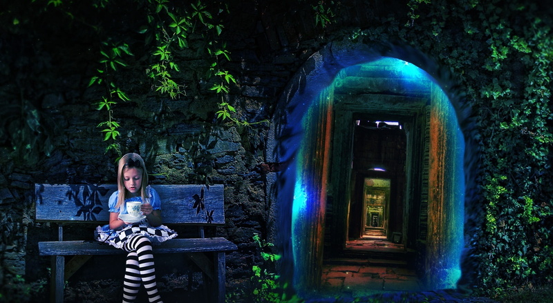 manipulation, full length, blue, one person, real people, lifestyles, girly, architecture, portal, green, casual clothing, girls, girl, door, imagination