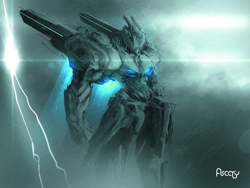 cold temperature, close-up, water, digital art, robot, vulnerability, colored background, storm, fragility, mech, no people, fantasy armor, illustration