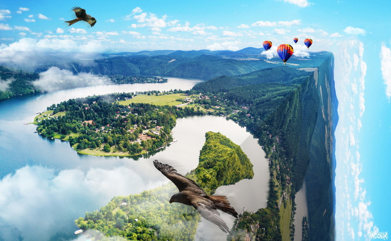 Cube, world, mountain, manipulation, non-urban scene, sky, artwork, water, sport, day, real people, photoshop, beauty in nature, 4K, scenics - nature