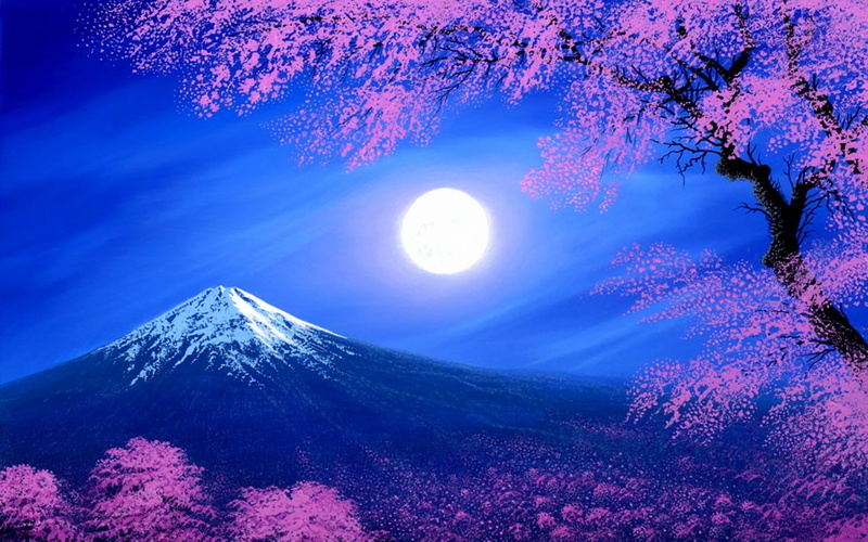 1080P, Tree, Artistic, Mountain, Cherry Blossom, Volcanoes, Mount Fuji, Fantasy, Spring, Moon