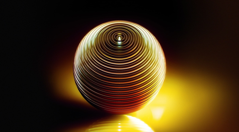 single object, multi colored, indoors, concentric, light - natural phenomenon, copy space, ascend, pattern, Sphere, illuminated, studio shot, art, Gold