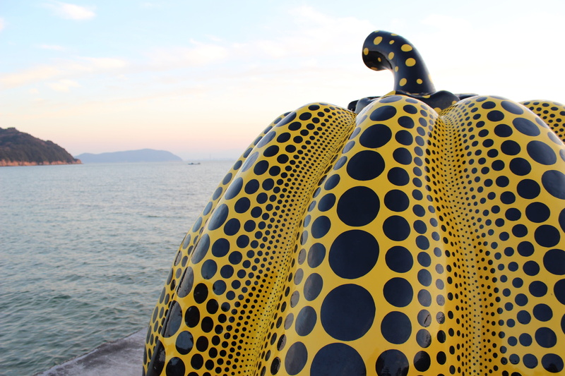 Pumpkin, water, close-up, circle, naoshima, yellow, cloud - sky, famous, outdoors, art, Island, japan, pattern, dots, sea, kusama, leisure activity, shape