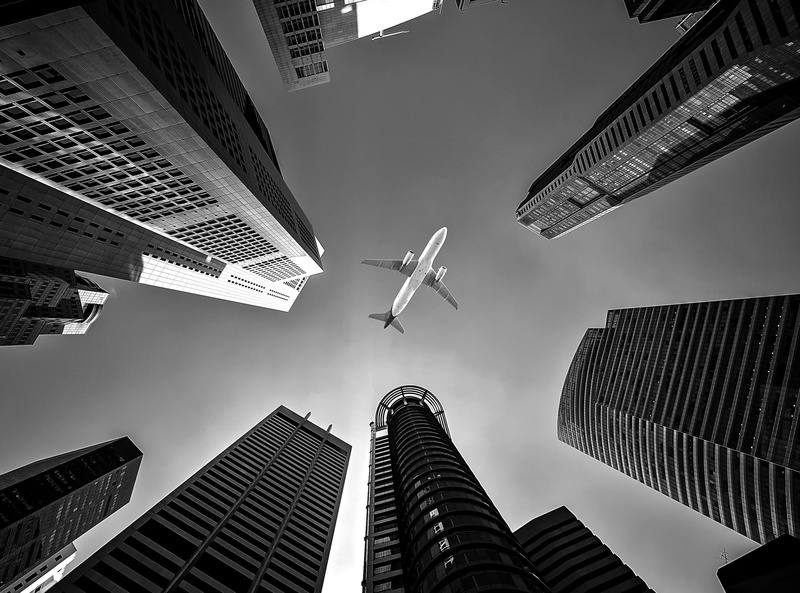 directly below, visit, airplane, Asia, tourism, Black and White, lookingup, nature, Travel, Vacation, no people, low angle view, Motion, Metropolis, Skyscrapers