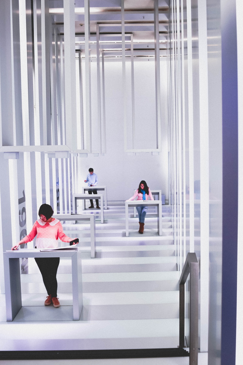men, lines, table, neon, women, human, business, modern interior, europe, chair, indoors, germany, bmw museum, woman, cityscape, seat, sitting, wearing