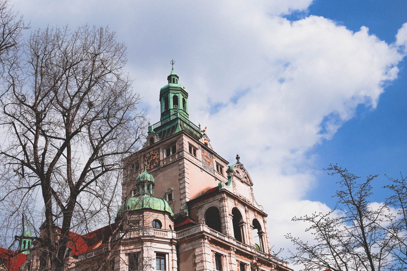 munich, buildings, tree, town, low angle view, built structure, germany, perspective, building exterior, nature, sky, lights, history, cityscape, tower
