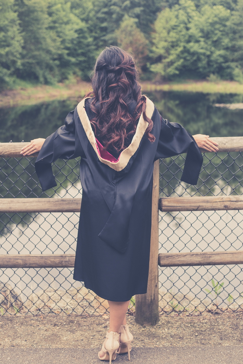 hairstyle, 5K, adult, outdoors, education, graduate, women, graduating, one person, rear view, graduation, nature, cap, degree, gown, hat, real people