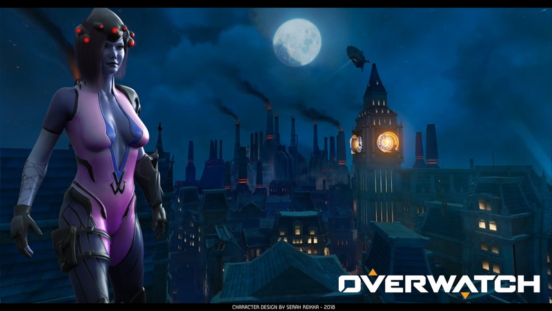 standing, cosplay, architecture, city, night, KINGSROW, sky, Overwatch, office building exterior, landscape, human representation, full moon, women, widowmaker