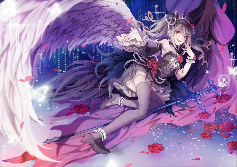 galaxies, high, vi, x, 1080P, Lolita Fashion, fashion, lolita, highs, px, hd, long, red eyes, 2376x1680 px, wings, Dress, hair, Smiling, looking, thigh