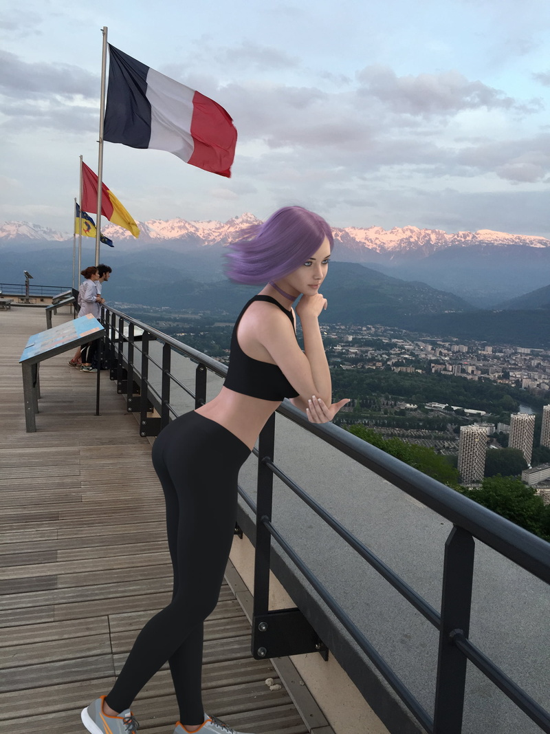 1080P, railing, building exterior, young adult, 3d design, architecture, cityscape, beautiful woman, lifestyles, looking at view, casual clothing, CGI