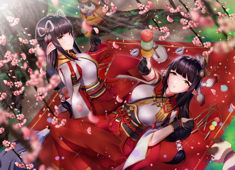 Minoto, Monster Hunter Rise, Kagiyama, 2D, bangs, brunette, digital art, long hair, picnic, flowers, anime girls, drawing, Monster Hunter, illustration
