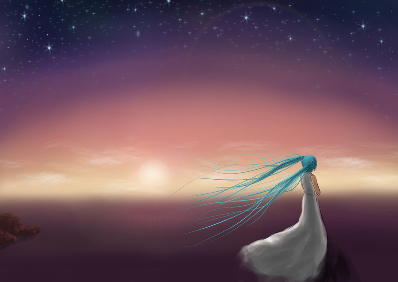 long, hatsune, stars, twintails, 720P, vocaloid, dress, miku, lichk, blue, night, hair, sky, reki