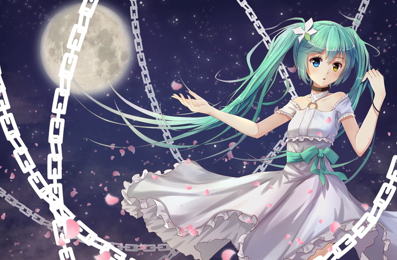 green, 1080P, reki, yellow, blush, blue, miku, moon, bicolored, petals, choker, dress, lichk, hatsune, vocaloid, hair, chain, eyes