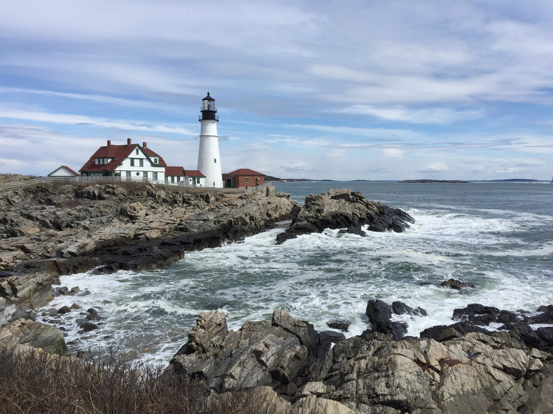 portland head lighthouse, building exterior, tower, america, breaking, water, travel, sky, land, beach, cloud - sky, atlantic, ocean, scenic, no people