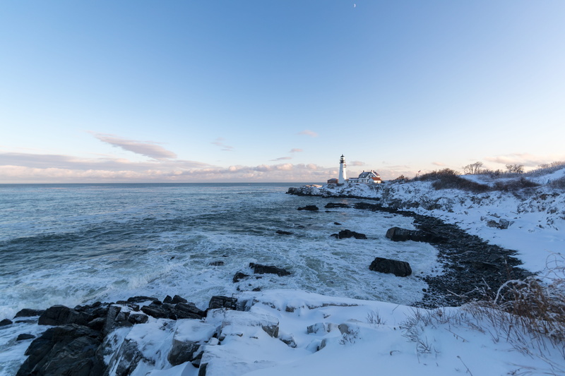 horizon over water, snow, no people, sky, scenics - nature, horizon, tranquil scene, lighthouse, rock, cape elizabeth, maine, rock - object, nature, cold temperature
