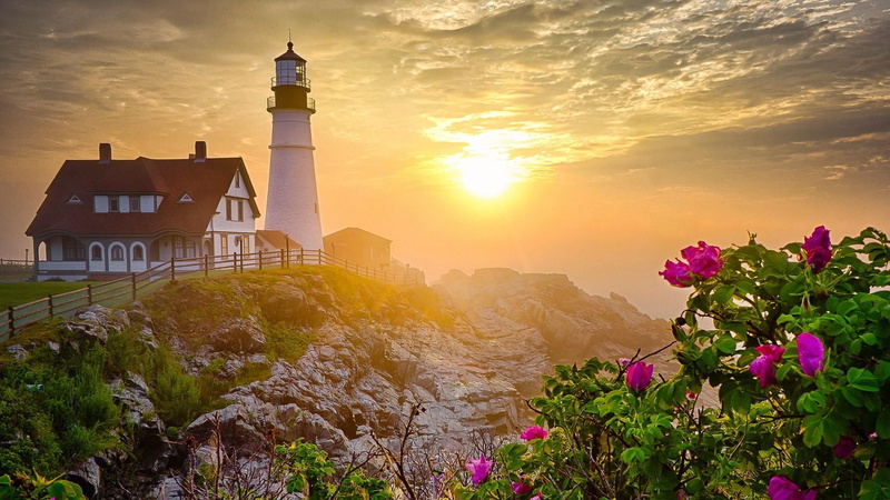landscape, beauty in nature, no people, building exterior, maine, united states, nature, tower, evening, flower, building, built structure, architecture