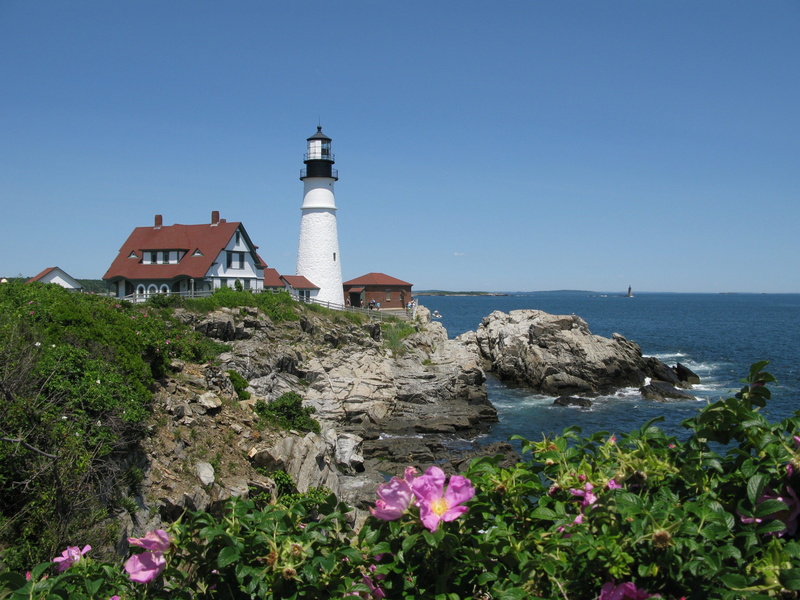 lighthouse, building, day, no people, 4K, plant, guidance, security, building exterior, horizon over water, scenic, built structure, maine, portland, clear sky