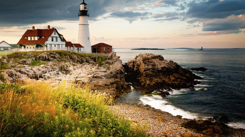 2K, water, sea, body, Maine, lighthouse, white, 4k, Portland Head Light, daytime, sky, Cape Elizabeth, clouds, ocean, rocks, near, USA
