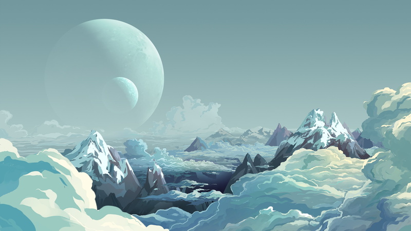 no people, snowcapped mountain, beauty in nature, Fantasy, nature, snow, mountains, ice, cold temperature, artwork, toon colors, clear sky, day, 4K, sci-fi
