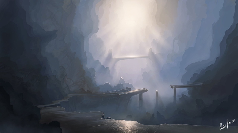 toon colors, nature, painting, music festival, stage, bridge, built structure, smoke - physical structure, group of people, sunbeam, canyon, 1080P, sunlight