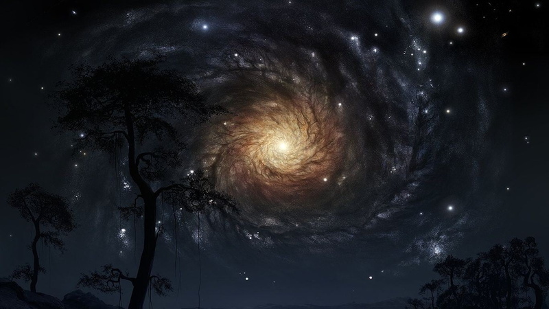 star - space, astronomy, trees, scenics - nature, galaxy, nature, night, plant, space art, no people, growth, tranquility, space, low angle view, 720P