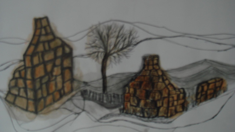 seasons, snow, brown, winter, cottages, trees, animals, scene, welsh, painting, brick, 1080P, house