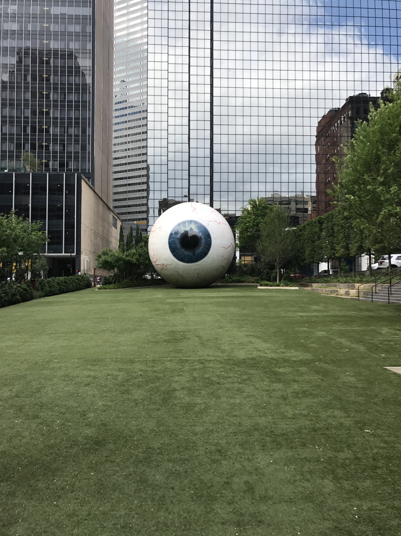 sports equipment, modern, outdoors, tree, day, building exterior, building, team sport, art, green color, grass, eye, theeye, plant, soccer field, eyeball