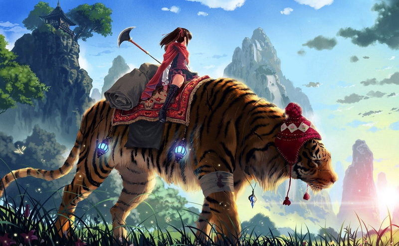 mammal, tiger, plant, activity, 1080P, lens flare, outdoors, sky, mountain, domestic animals, China, anime, people, animal wildlife, fantasy girl, nature