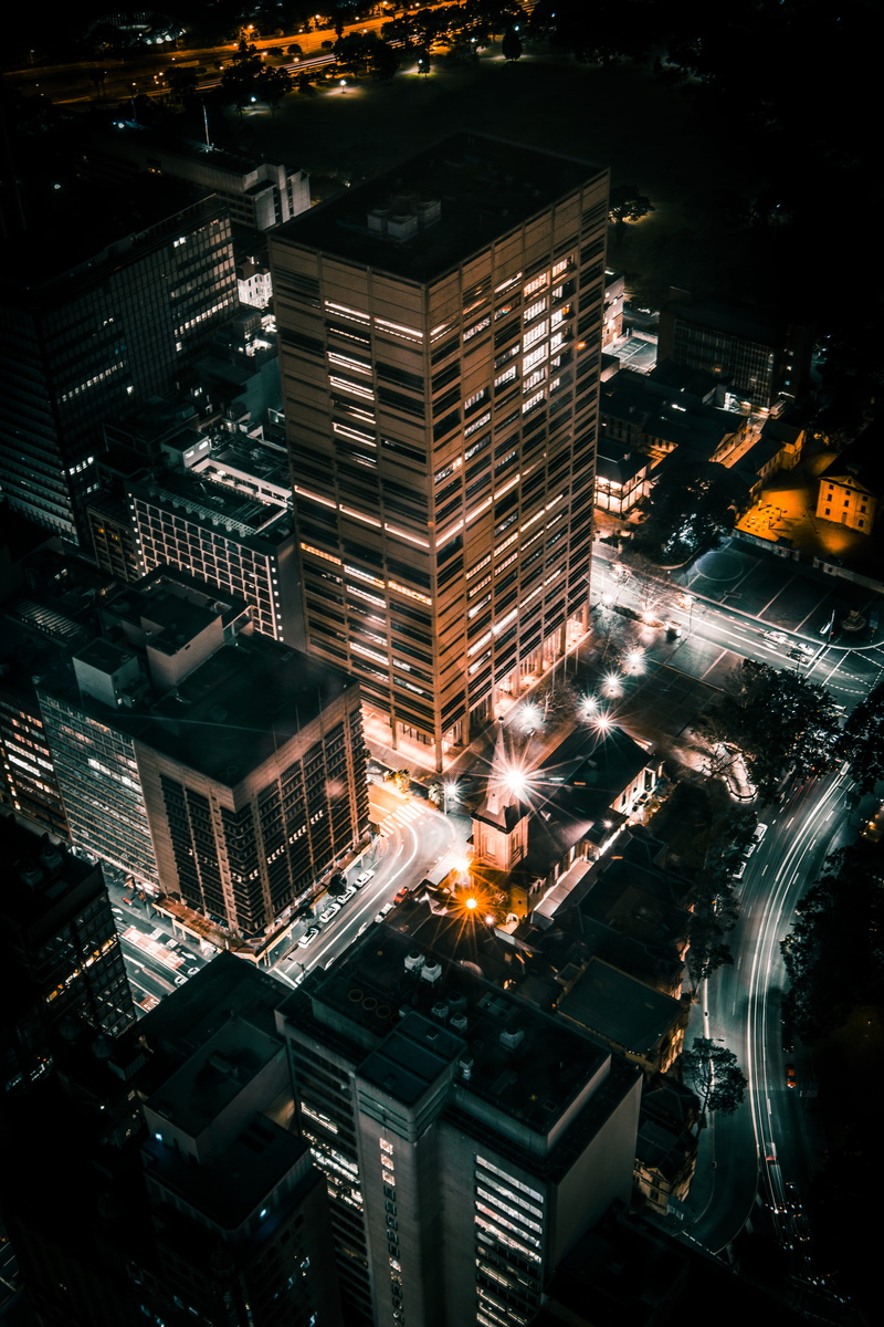 built structure, buildinmg, traffic, outdoors, office, night, street, avenue, visualart, tower block, no people, office building exterior, modern, concrete