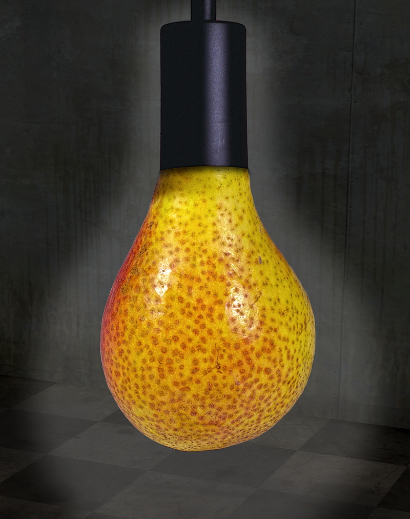 surreal, table, close-up, composing, image editing, photo montage, freshness, electric lamp, design, fruit, no people, pear, 4K, composition, lamp holder