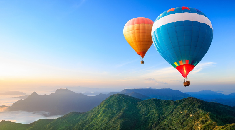 orange, two, Vacation, mountain, mid-air, nature, scenics - nature, sky, Explore, balloon, no people, Landscape, non-urban scene, Travel, blue