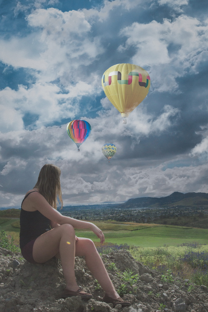 clouds, environment, lifestyles, lightroom, day, women, land, balloon, landscape, mid-air, beautiful, 5K, real people, girl, field, hotairballoon., photoshop