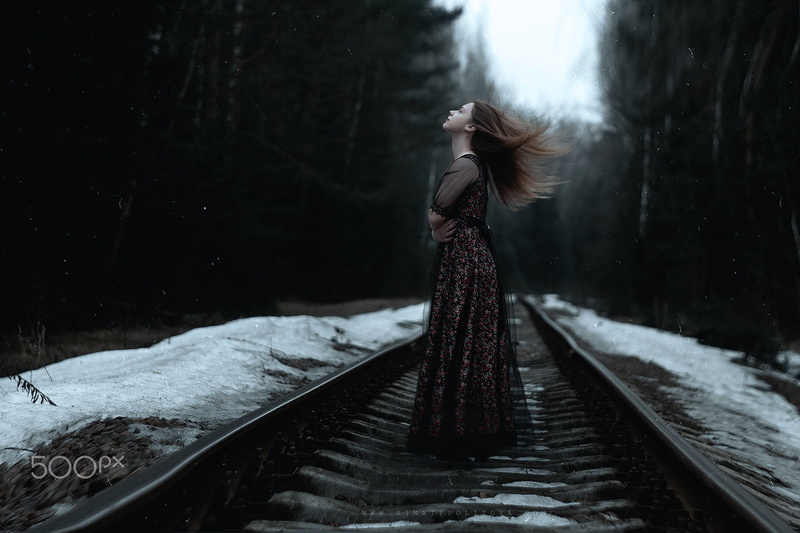 winter, rear view, land, dress, women outdoors, young adult, beautiful woman, Shirø Igarashi, cold, cold temperature, women, railway, forest, fantasy art