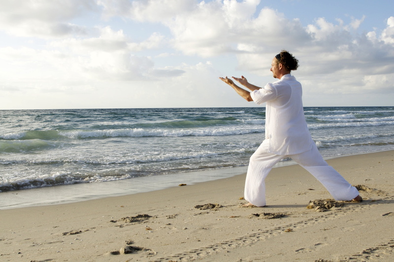 Tai-Chi, sea, yoga, serene People, chi, water, horizon over water, adult, 4K, one Person, horizon, waves, land, full length, sky, cloud - sky, Man, human arm