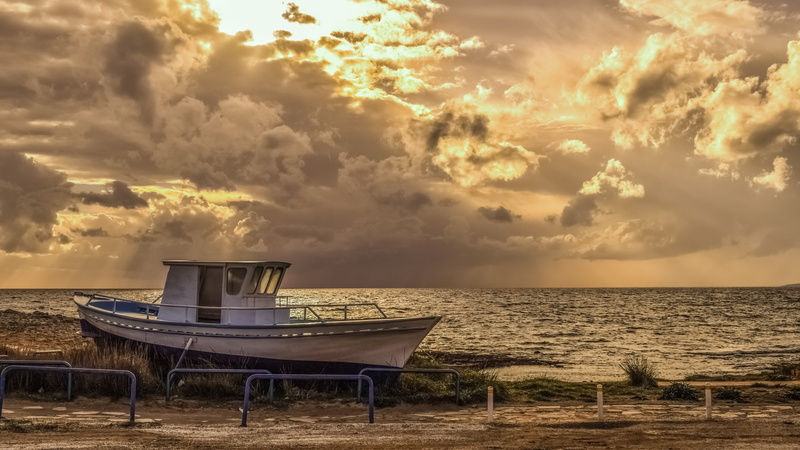 sea, no people, 5K, sunbeam, horizon over water, ayia napa, clouds, outdoor chair, panoramic, sandy, horizon, afternoon, land, boat, landscape, light