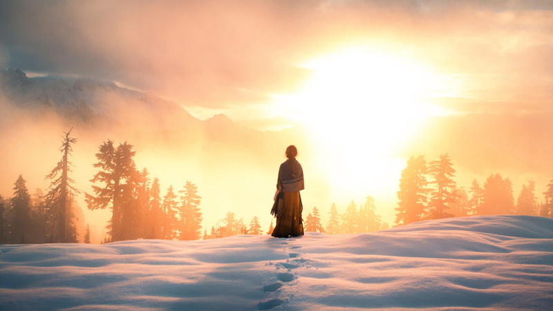 girl, snow, footprints, 1080P, mountains, sun, beautiful