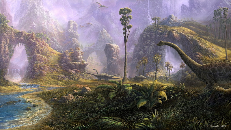 non-urban scene, Diplodocus, forest, mountain, no people, nature, pterosaur, tranquility, outdoors, scenics - nature, water, beauty in nature, flowing