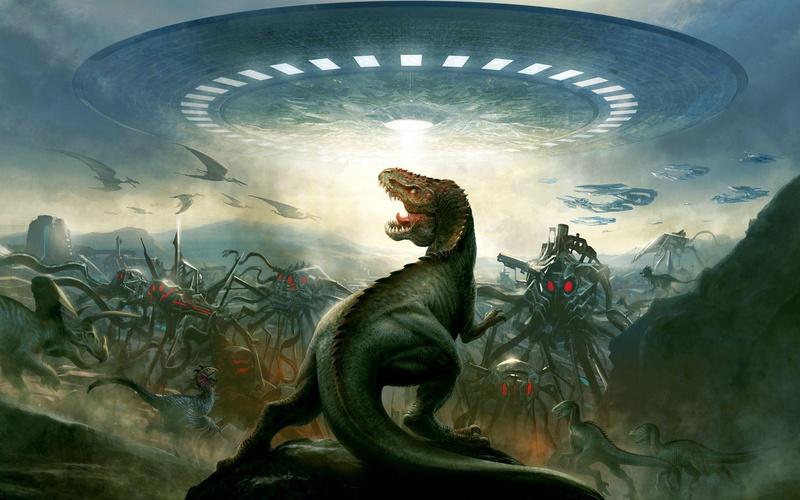 alien, 1080P, 1920x1200, battle, t, aliens, spaceship, illustration, fantasy, dinosaurs, black, vs, gray, dinosaur, rex