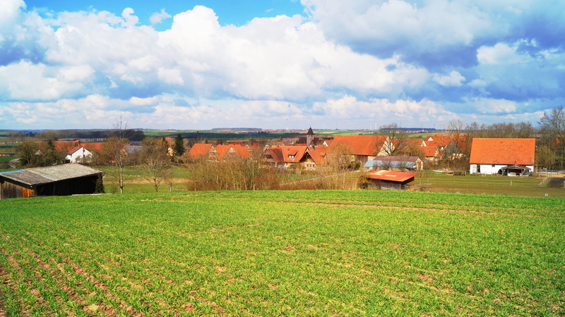 meadow, built structure, building, clouds, outlook, village, landscape, land, grass, homes, residential district, rural scene, field, arable, nature, 4K