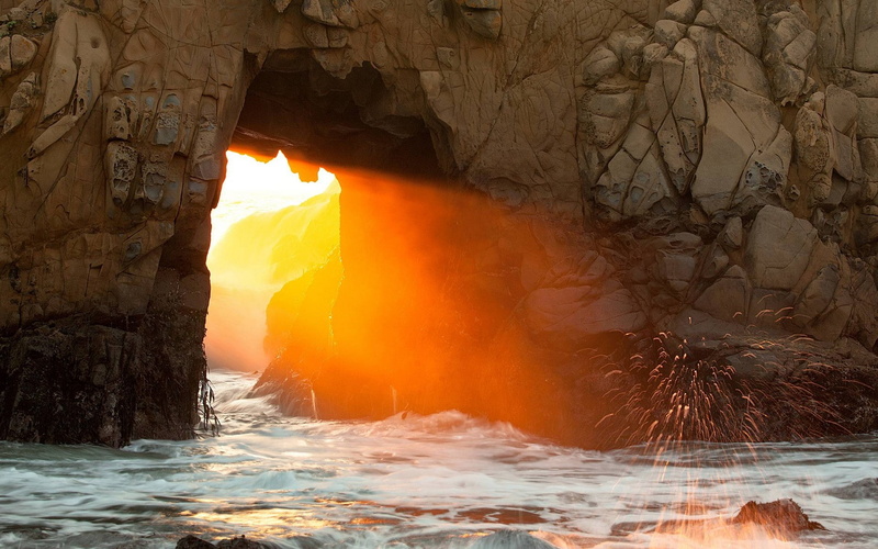 water, no people, rock formation, sunlight, flowing, rock, solid, burning, motion, power, sea, non-urban scene, land, geology, arch, outdoors, beauty in nature