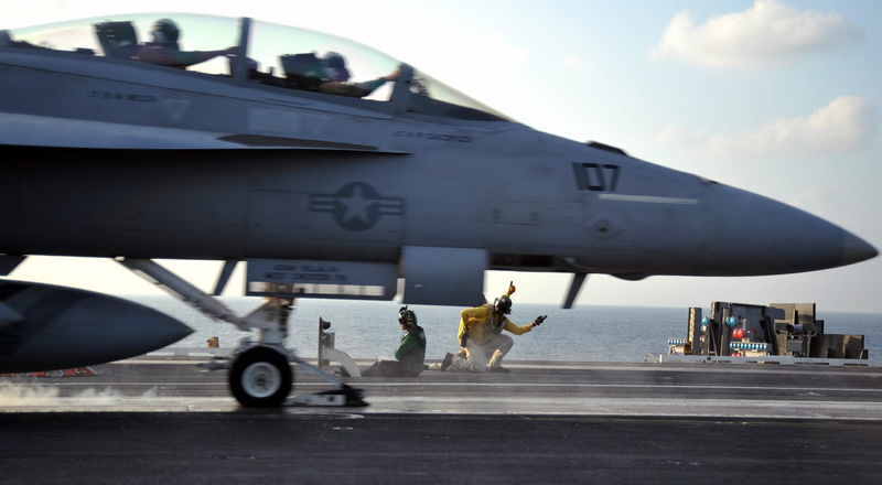adult, air vehicle, day, mission, 1080P, side view, airplane, aircraft carrier, catapult, unrecognizable person, cockpit, plane, on the move, fighter jet