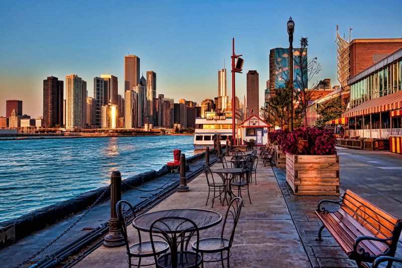 pier, 2K, Bay, skyscraper, table, USA, Chicago, Navy Pier, patio, bench, outdoor, steel, black, sset, navy, Dawn, home