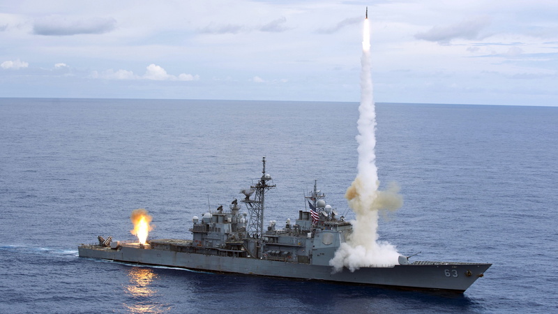 4K, USS Cowpens, firing, USA, cruiser, CG-63, Ticonderoga-class, U.S. Navy, horn